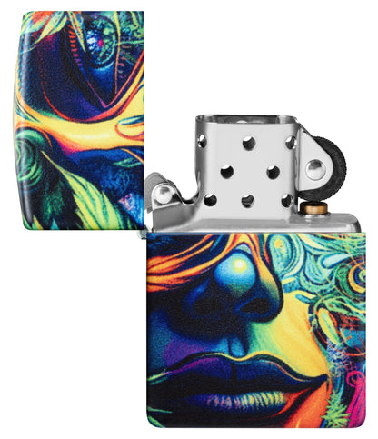 Zippo Cannabis Camo Design 540 Matte Windproof Lighter with its lid open and unlit.