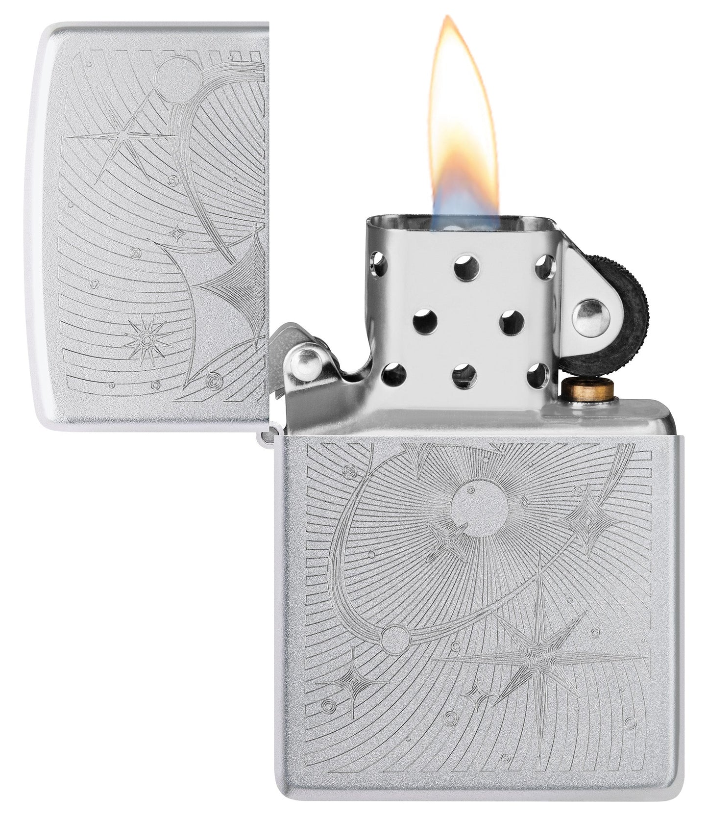 Zippo Atomic Cosmos Design Satin Chrome Windproof Lighter with its lid open and lit.