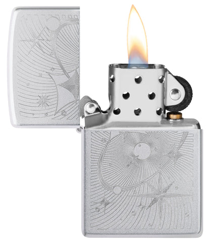 Zippo Atomic Cosmos Design Satin Chrome Windproof Lighter with its lid open and lit.