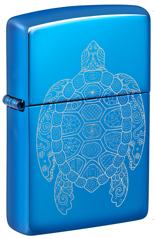 Front shot of Zippo Zen Turtle Design High Polish Blue Windproof Lighter standing at a 3/4 angle.