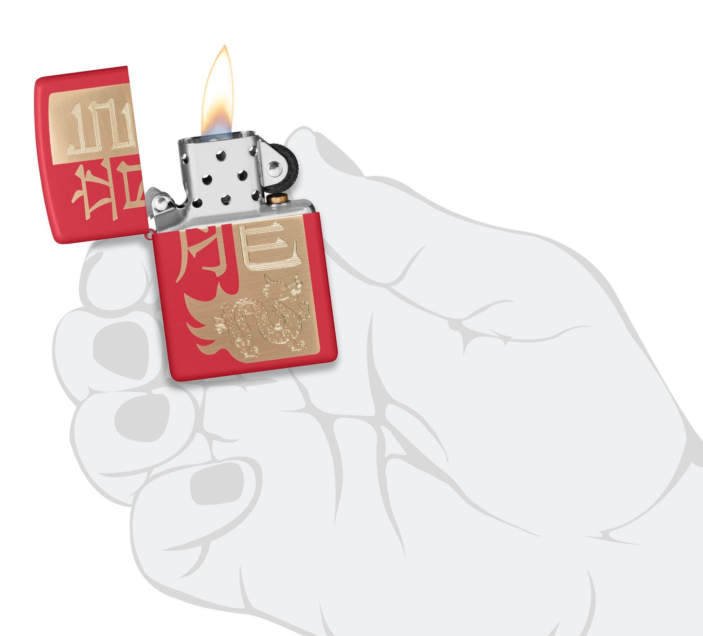 Zippo Year of the Dragon 2024 Red Matte Windproof Lighter lit in hand.