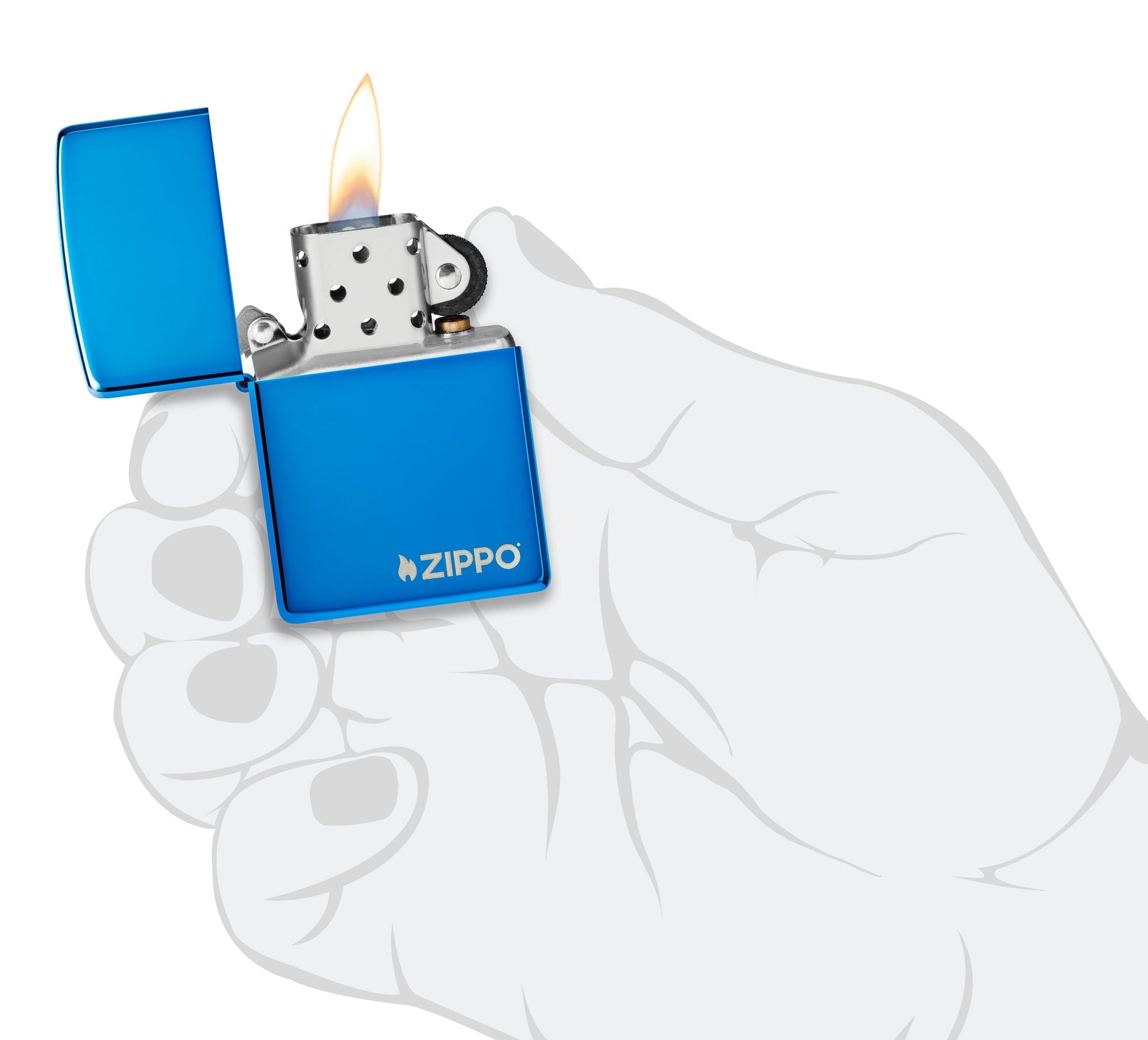 Classic High Polish Blue Zippo Logo Windproof Lighter lit in hand.