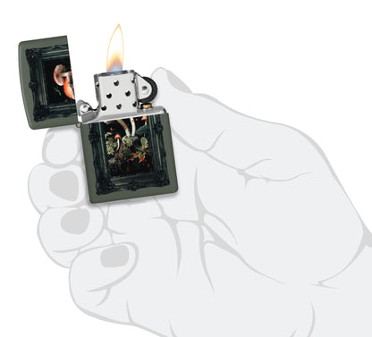 Zippo Framed Fungi Design Green Matte Windproof Lighter lit in hand.
