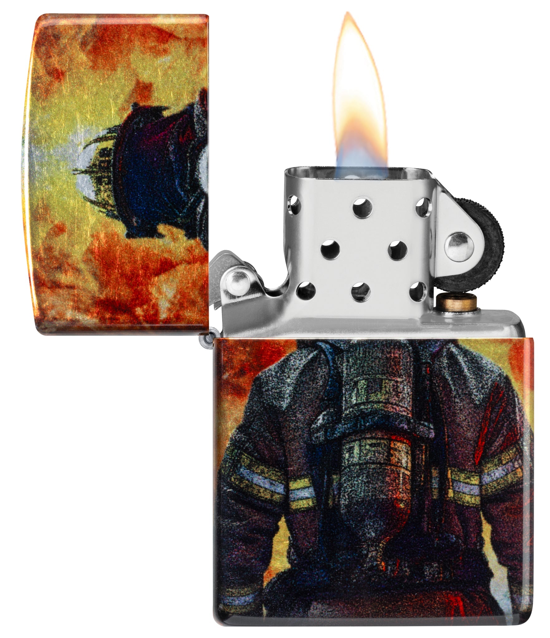 Zippo Firefighter Fusion Design 540 Tumbled Chrome Windproof Lighter with its lid open and lit.