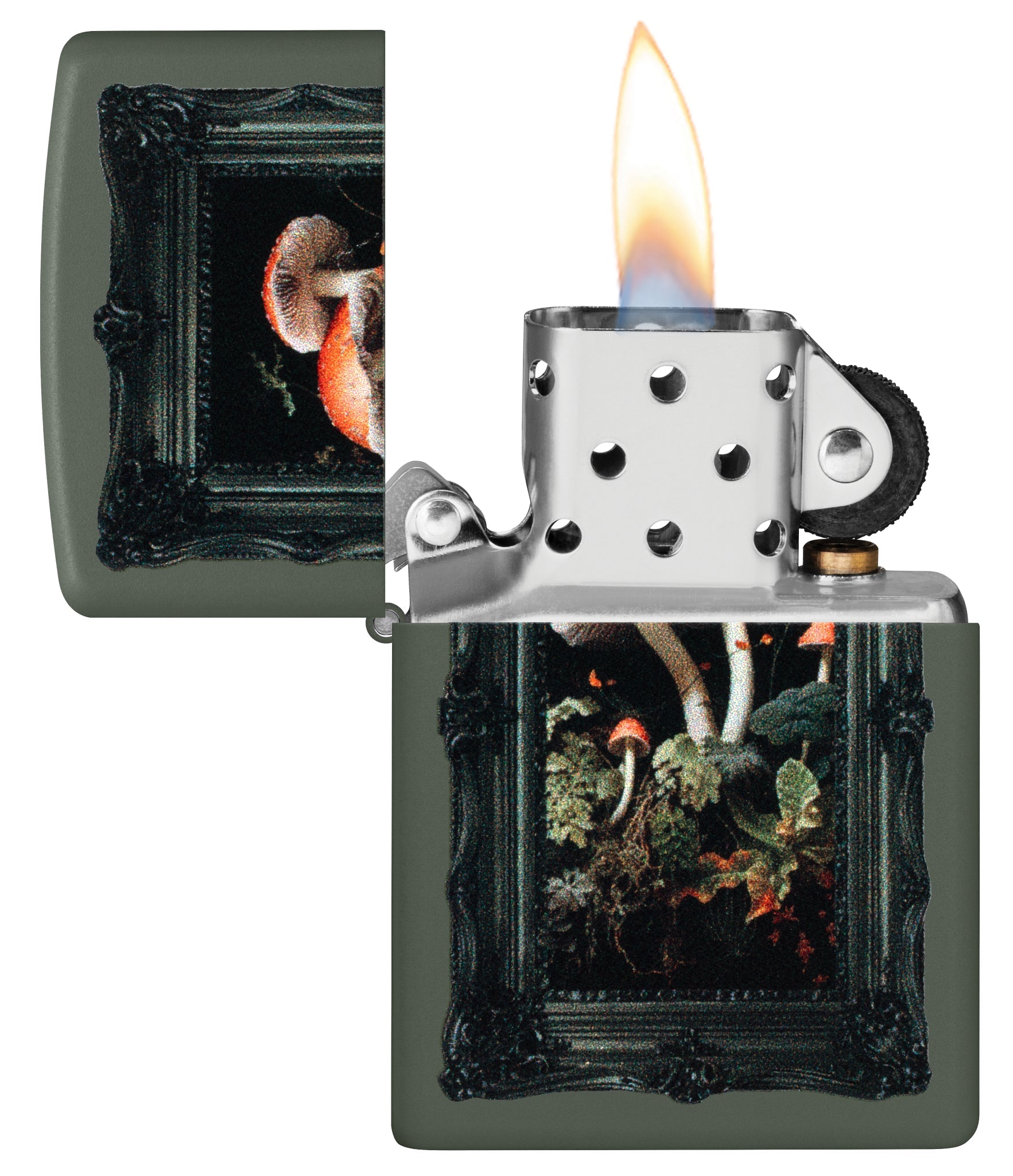 Zippo Framed Fungi Design Green Matte Windproof Lighter with its lid open and lit.