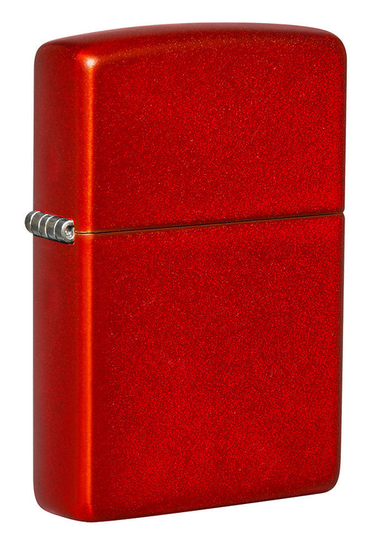 Front shot of Metallic Red Matte Windproof Lighter standing at a 3/4 angle