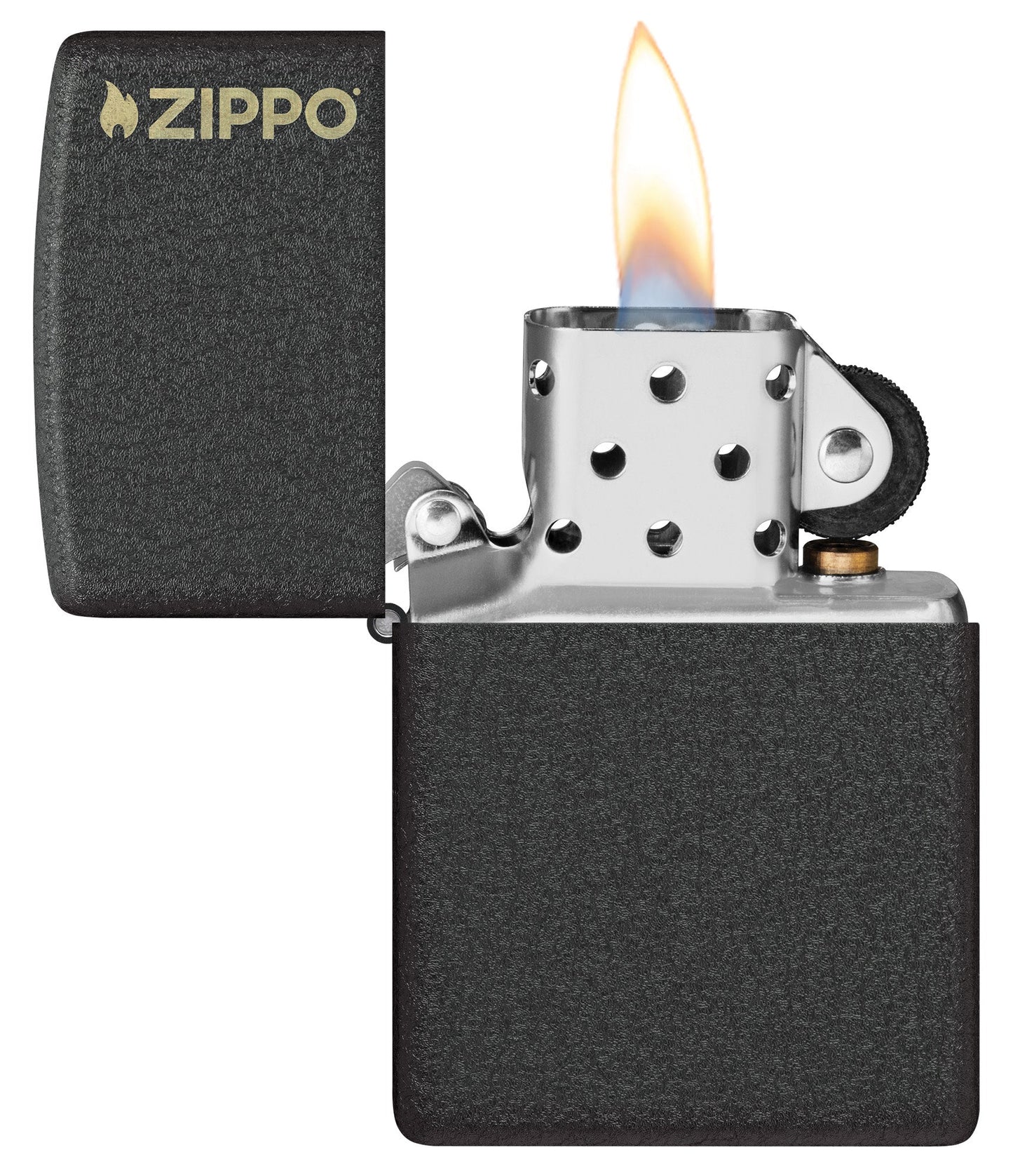 Zippo Classic Black CrackleÂ® Zippo Logo Windproof Lighter with its lid open and lit.