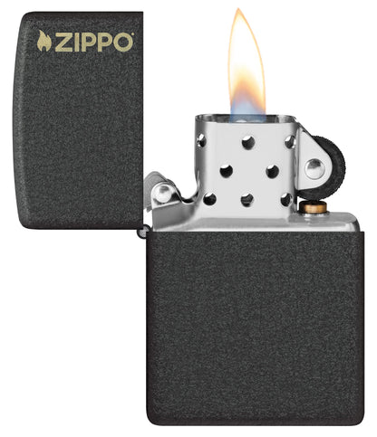 Zippo Classic Black CrackleÂ® Zippo Logo Windproof Lighter with its lid open and lit.