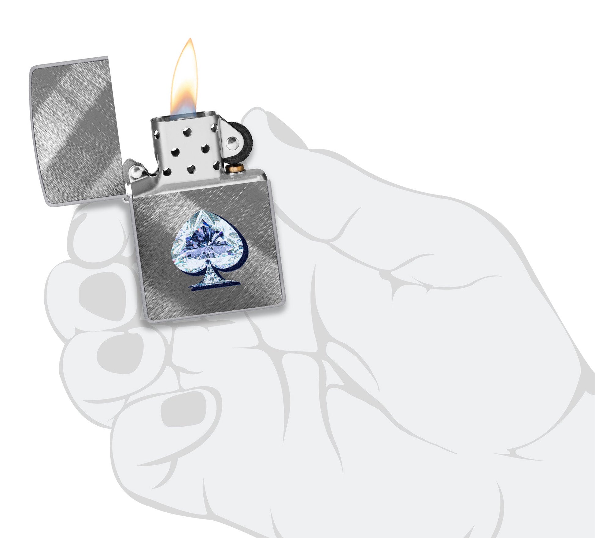 Zippo Gleaming Spade Design Diagonal Weave Windproof Lighter lit in hand.