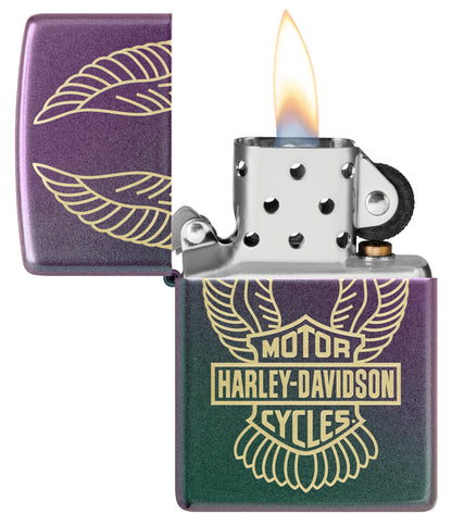 Zippo Harley-Davidson® Winged Logo Design Iridescent Windproof Lighter with its lid open and lit.