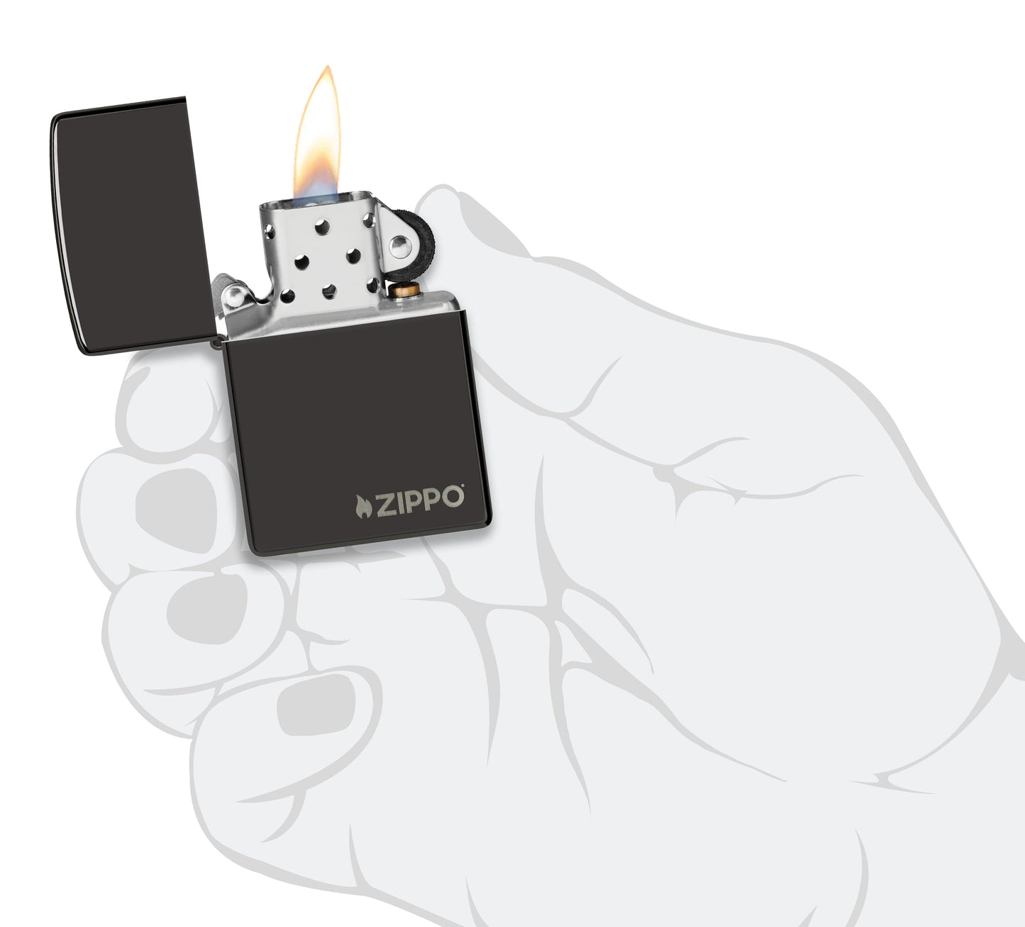 Classic High Polish Black Zippo Logo Windproof Lighter lit in hand.