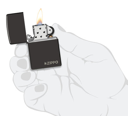 Classic High Polish Black Zippo Logo Windproof Lighter lit in hand.