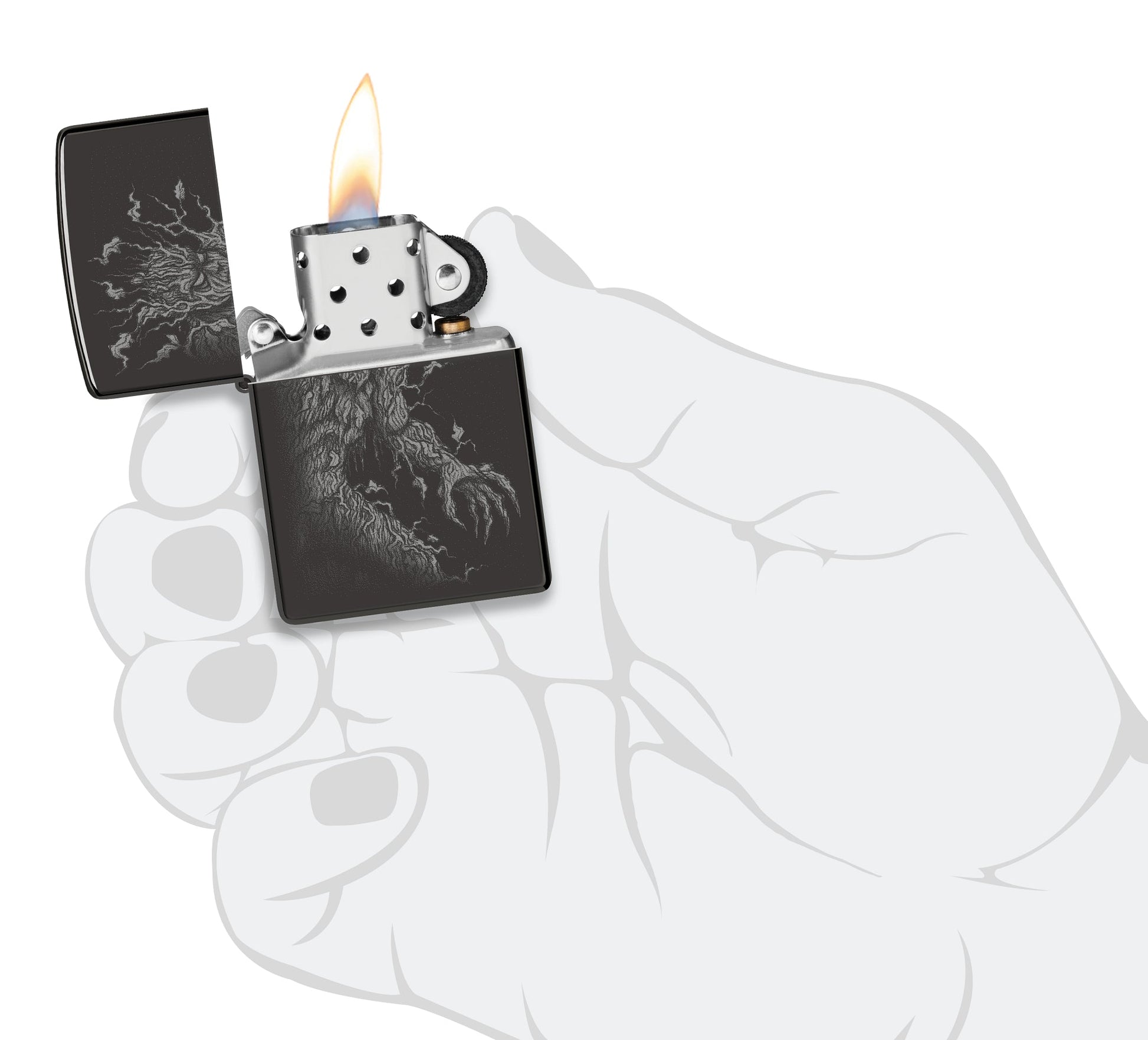 Zippo Root of All Evil Design High Polish Black Windproof Lighter lit in hand.