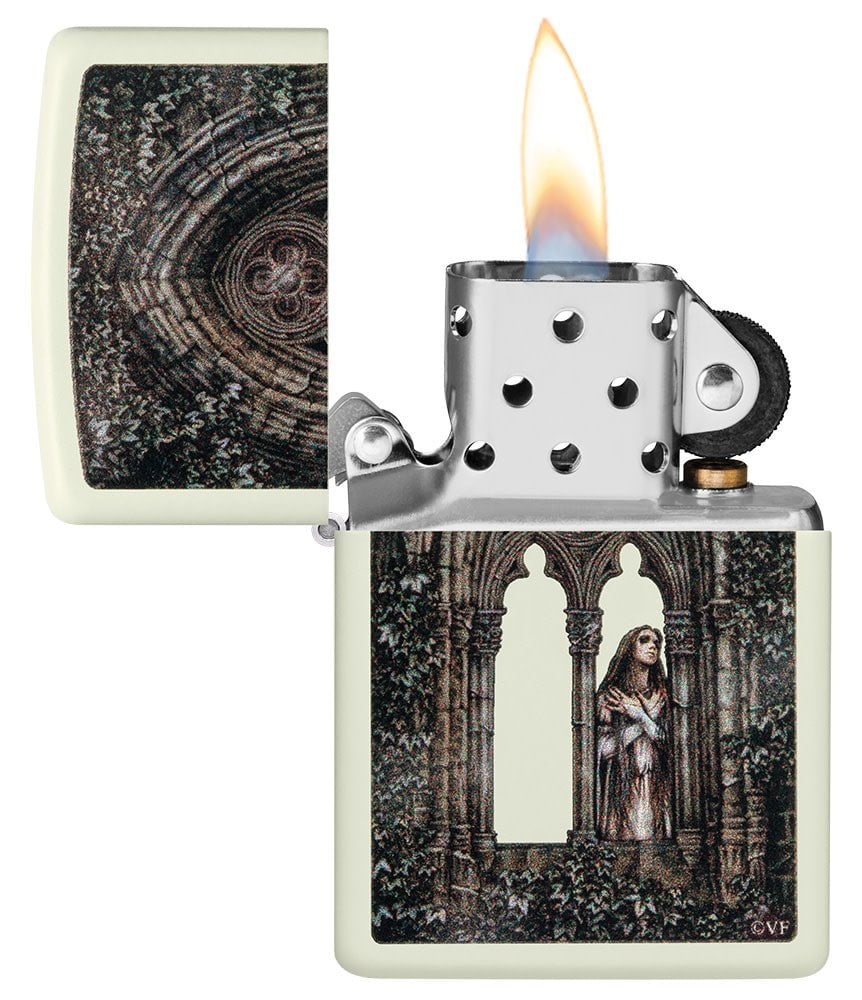 Victoria Frances Glow In The Dark Windproof Lighter with its lid open and lit.