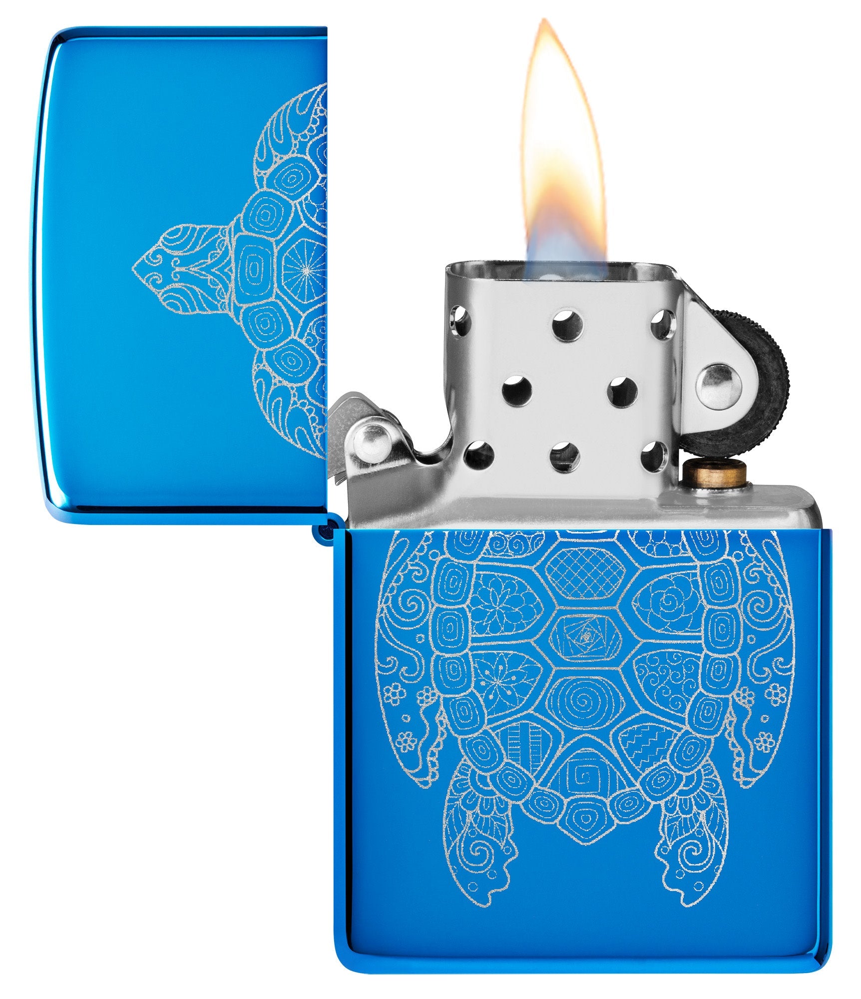 Zippo Zen Turtle Design High Polish Blue Windproof Lighter with its lid open and lit.