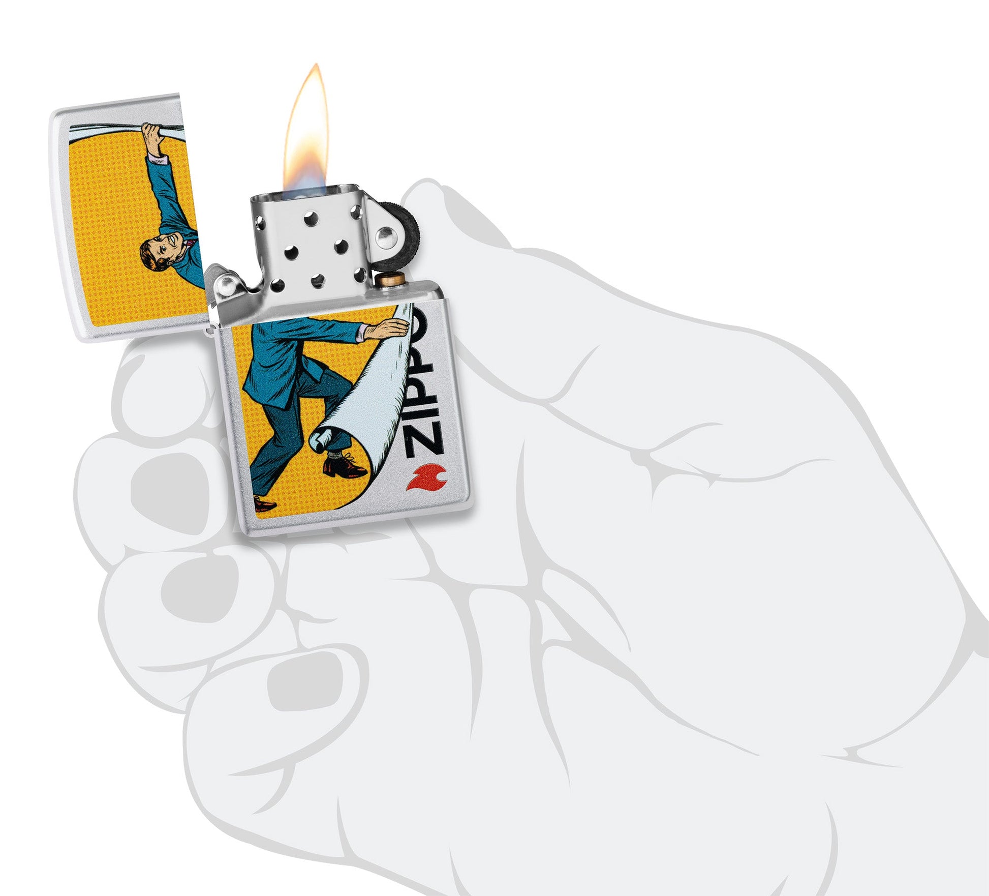 Zippo Reveal Design Satin Chrome Windproof Lighter lit in hand.