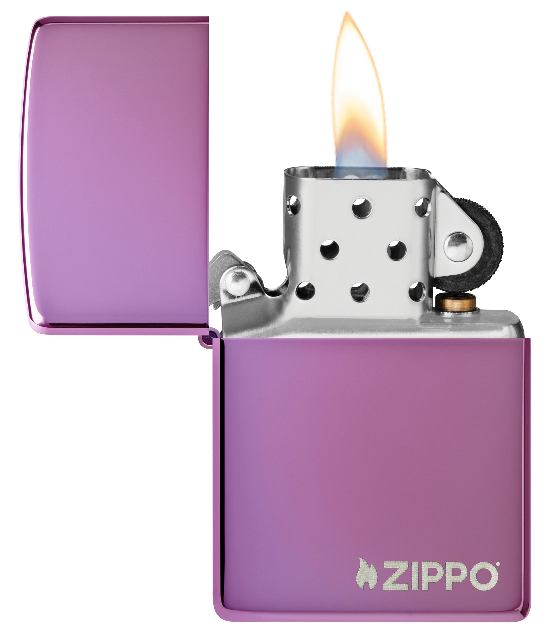 Classic High Polish Purple Windproof Lighter with Zippo Logo with its lid open and lit.