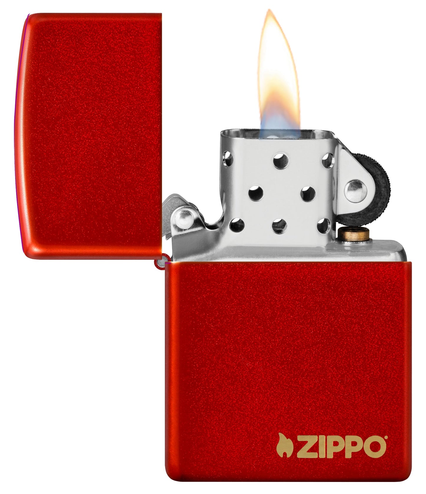 Classic Metallic Red Zippo Logo Windproof Lighter with its lid open and lit.
