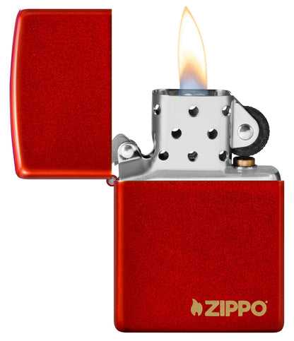 Classic Metallic Red Zippo Logo Windproof Lighter with its lid open and lit.