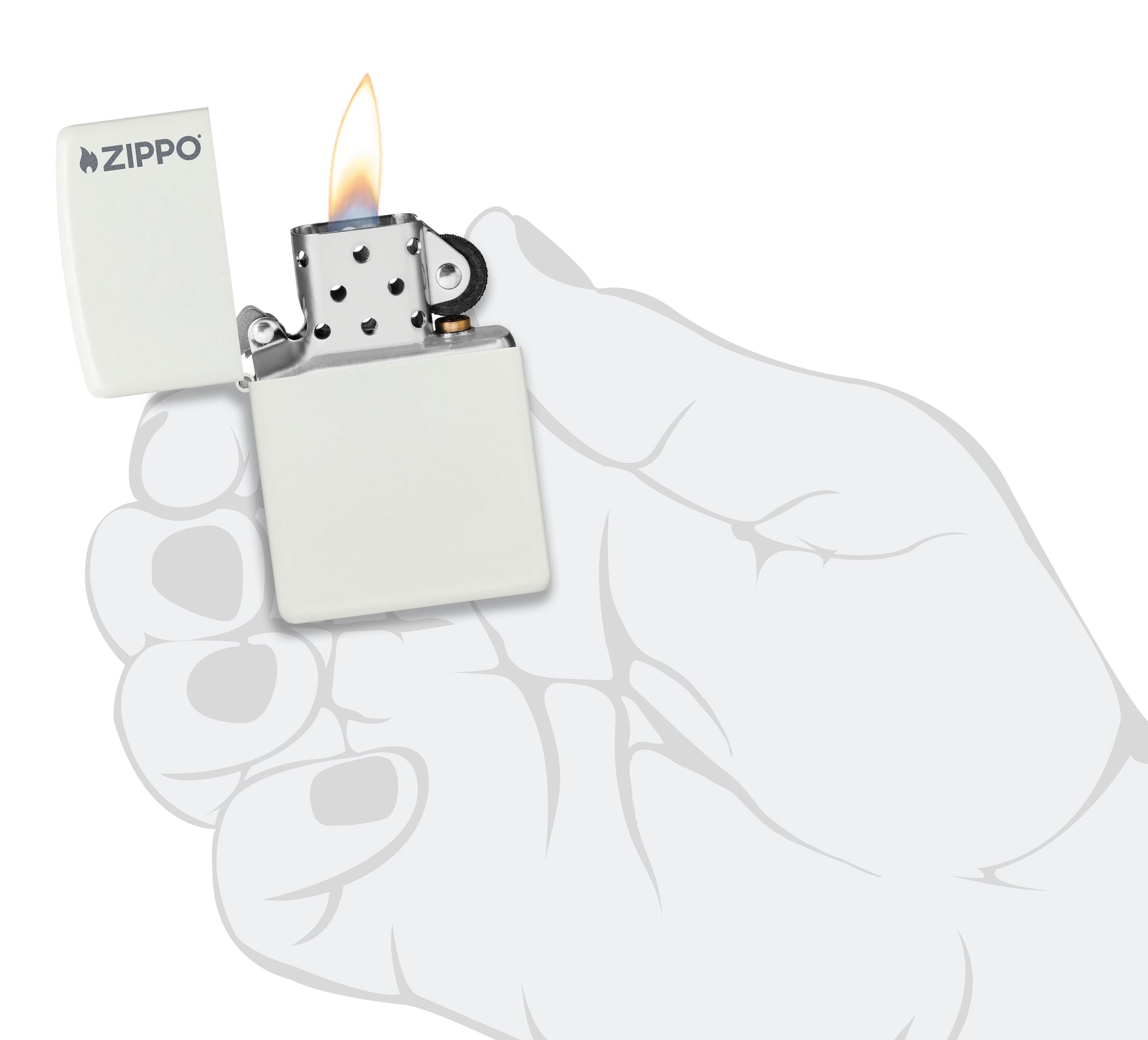 Classic White Matte Zippo Logo Windproof Lighter lit in hand.