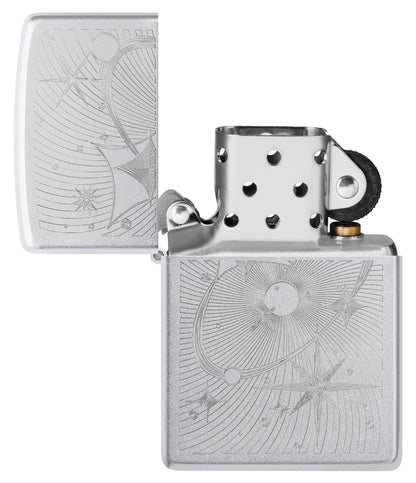 Zippo Atomic Cosmos Design Satin Chrome Windproof Lighter with its lid open and unlit.