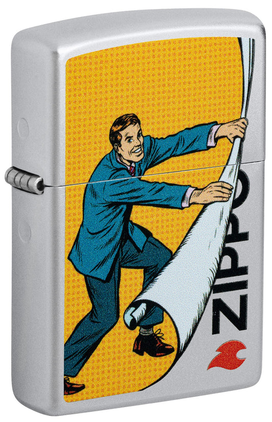 Front shot of Zippo Reveal Design Satin Chrome Windproof Lighter standing at a 3/4 angle.
