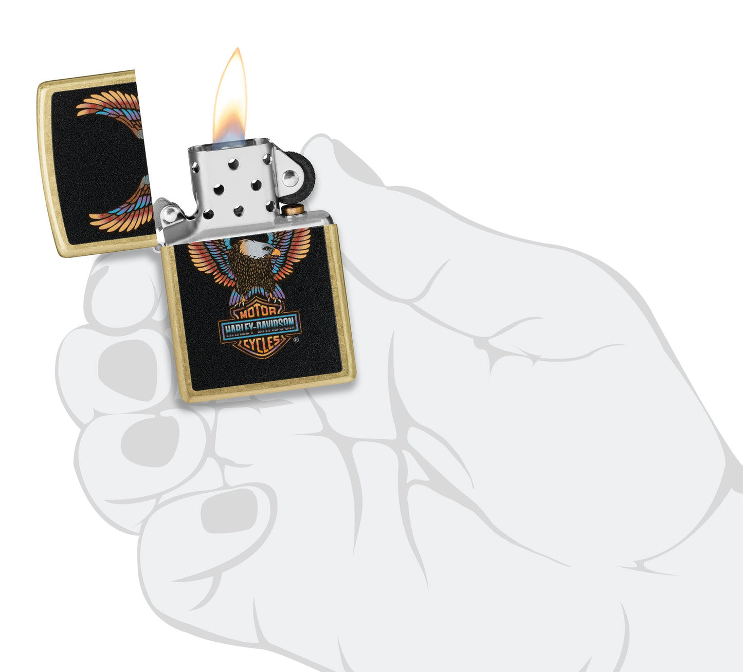 Zippo Harley-DavidsonÂ® Eagle Street Brass Windproof Lighter lit in hand.