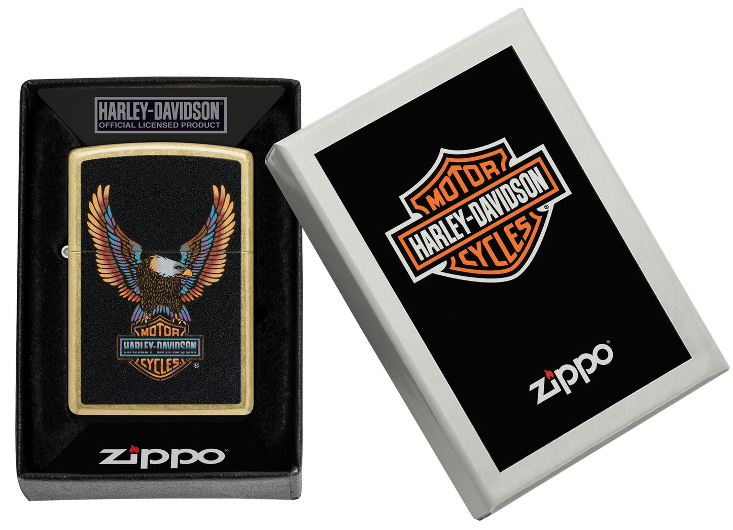 Zippo Harley-DavidsonÂ® Eagle Street Brass Windproof Lighter in its packaging.