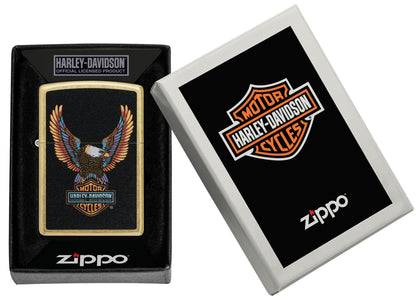 Zippo Harley-DavidsonÂ® Eagle Street Brass Windproof Lighter in its packaging.