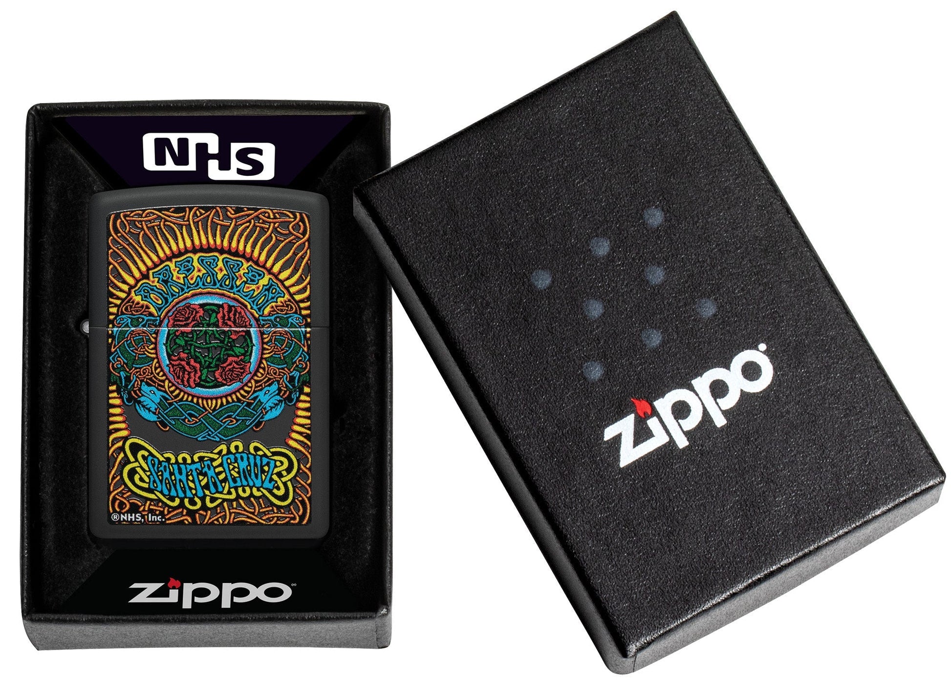 Zippo Santa Cruz Black Matte Windproof Lighter in its packaging.