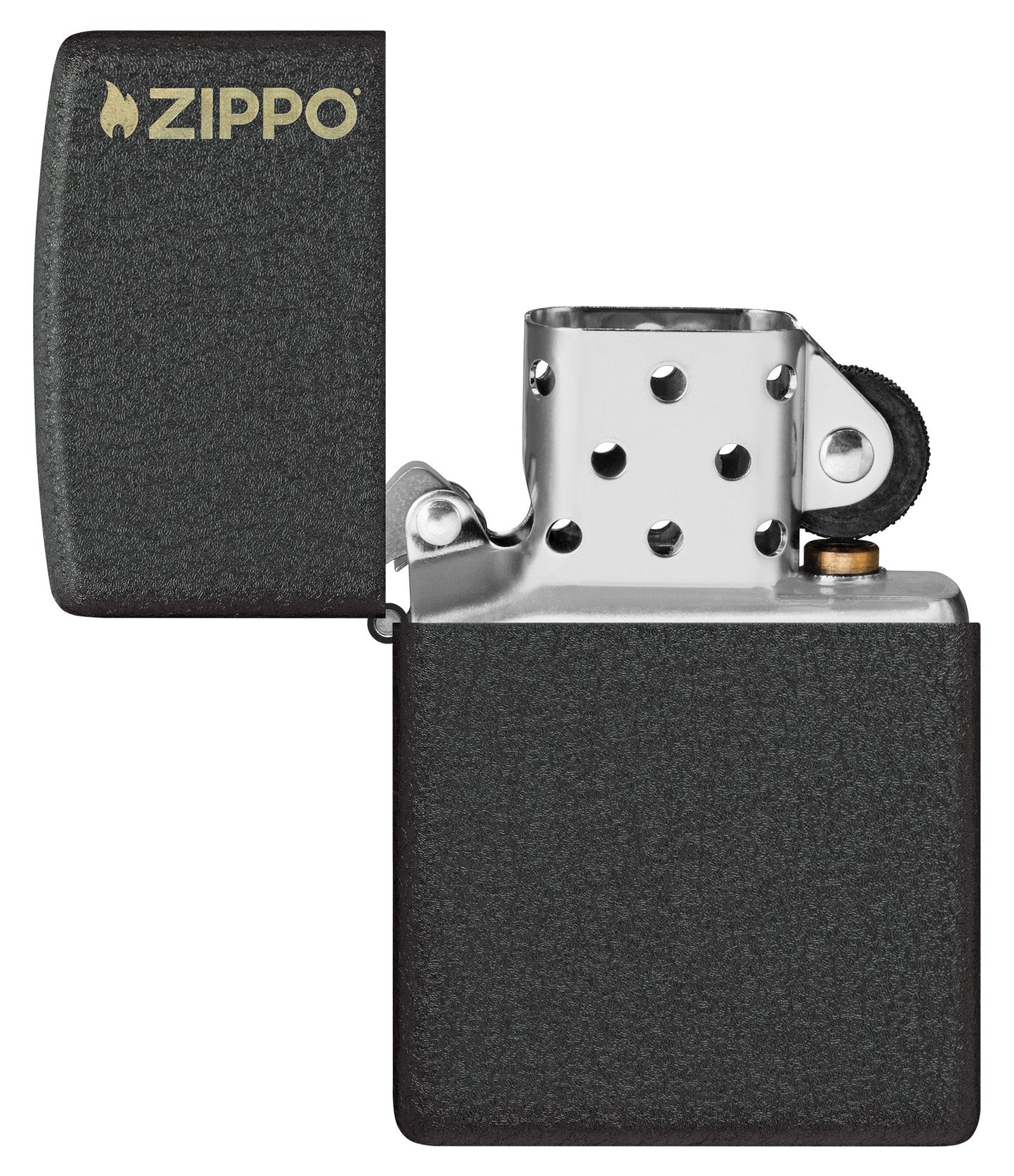 Zippo Classic Black CrackleÂ® Zippo Logo Windproof Lighter with its lid open and unlit.