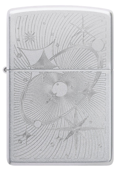 Front view of Zippo Atomic Cosmos Design Satin Chrome Windproof Lighter.