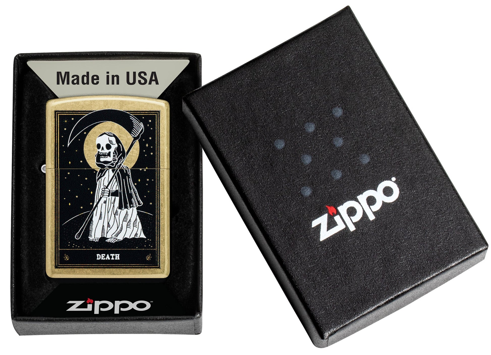 Zippo Death Card Desig Street Brass Windproof Lighter in its packaging.