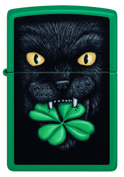 Front view of Zippo Feline Lucky Design Grass Green Matte Windproof Lighter.