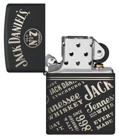 Zippo Jack Daniel'sÂ® Every Drop Design Regular Media Chrome Black Matte Windproof Lighter with its lid open and unlit.