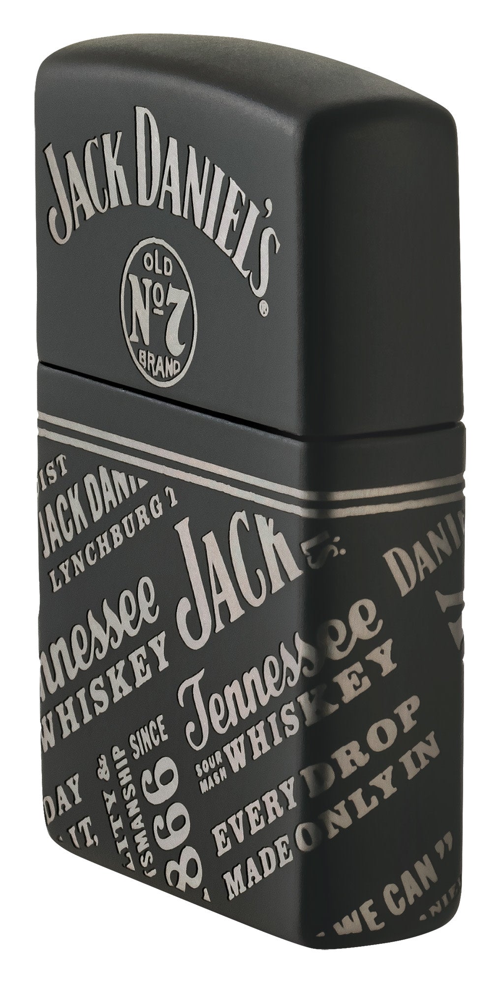 Angled shot of Zippo Jack Daniel'sÂ® Every Drop Design Regular Media Chrome Black Matte Windproof Lighter showing the front and right side of the lighter.
