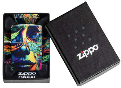 Zippo Cannabis Camo Design 540 Matte Windproof Lighter in its packaging.
