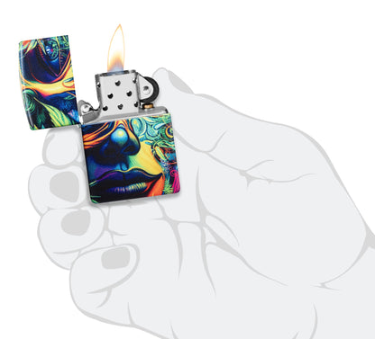 Zippo Cannabis Camo Design 540 Matte Windproof Lighter lit in hand.