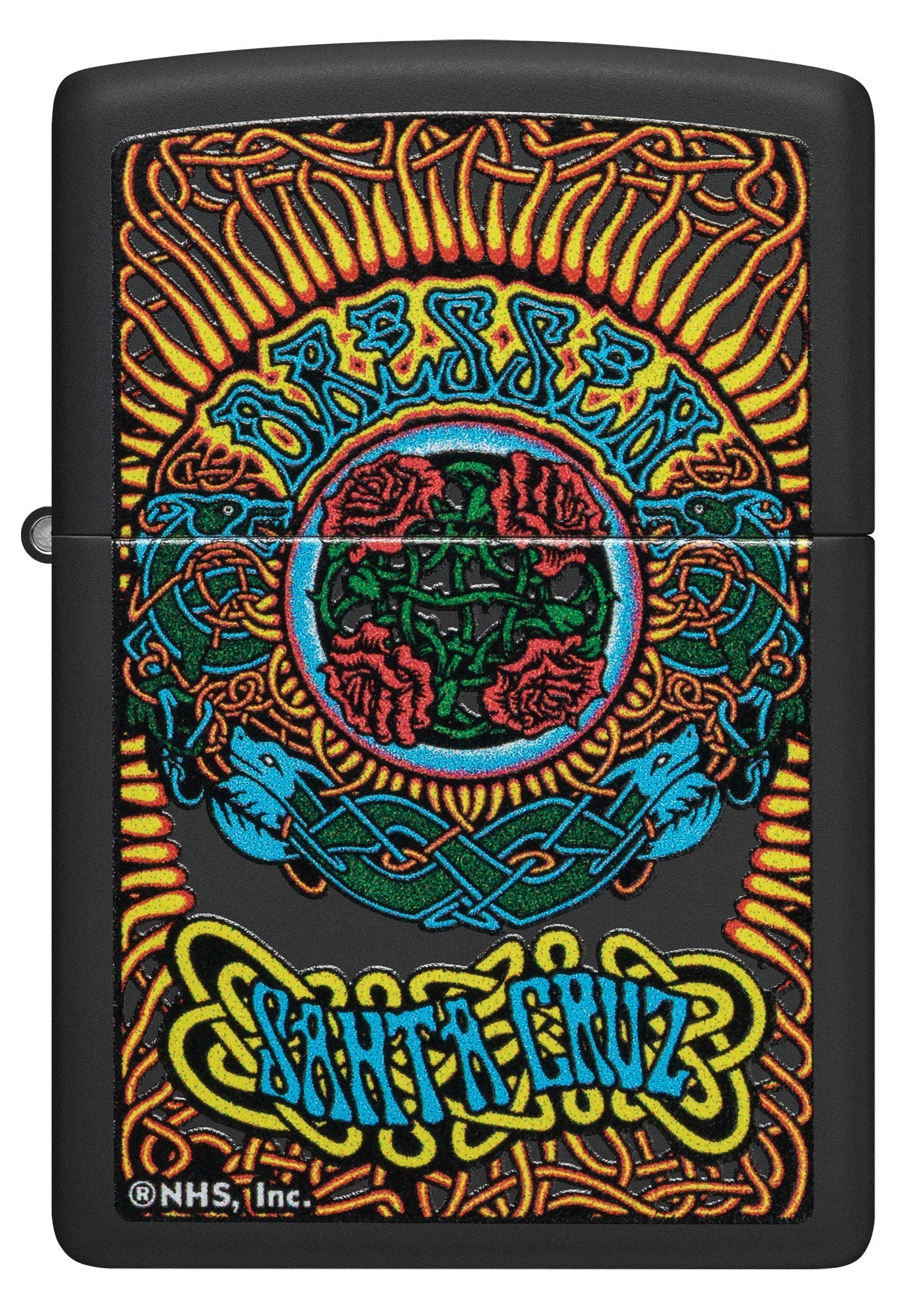 Front shot of Zippo Santa Cruz Black Matte Windproof Lighter.