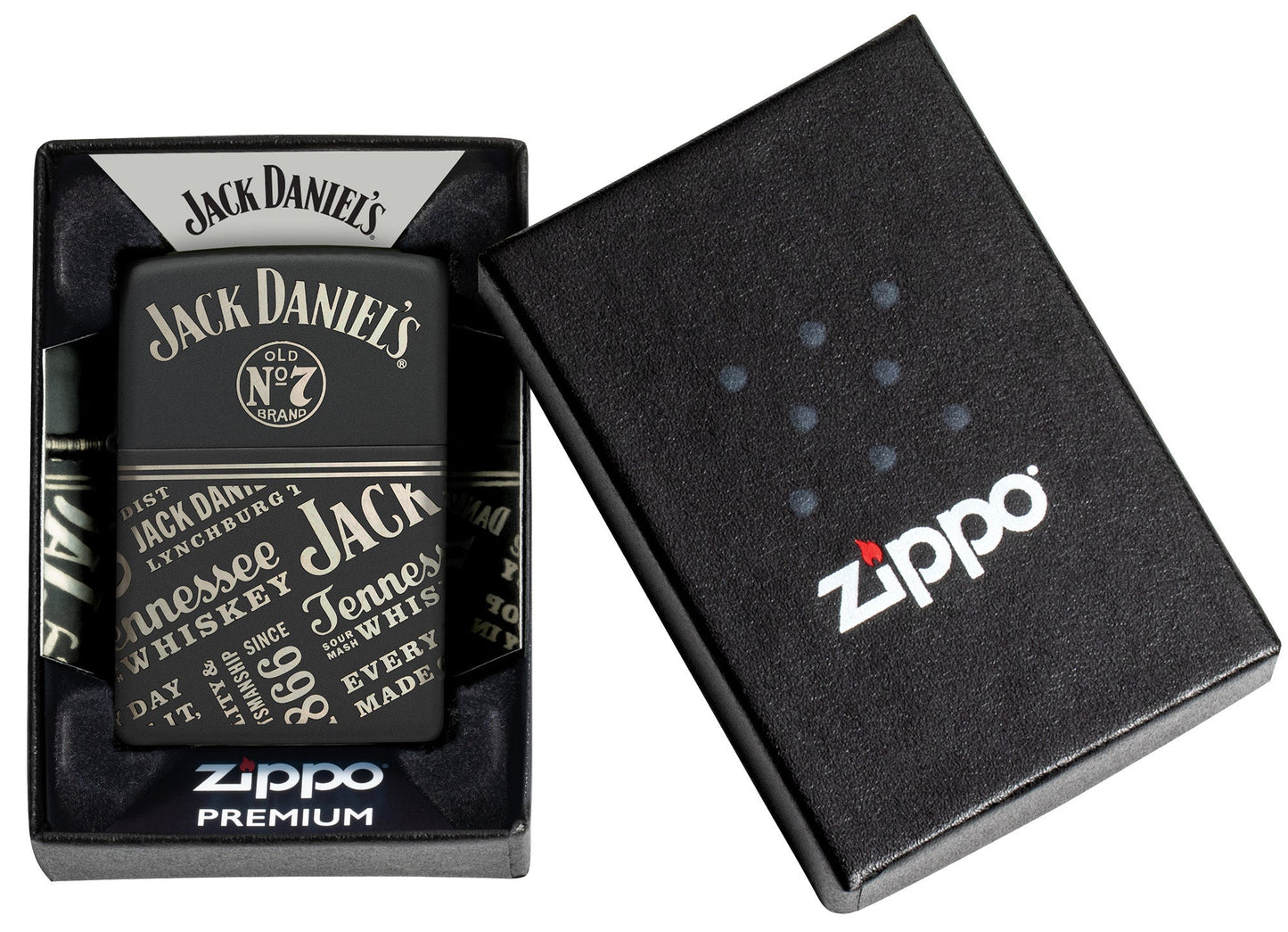 Zippo Jack Daniel'sÂ® Every Drop Design Regular Media Chrome Black Matte Windproof Lighter in its packaging.