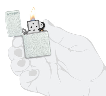 Zippo Classic Glacier Logo Windproof Lighter lit in hand.