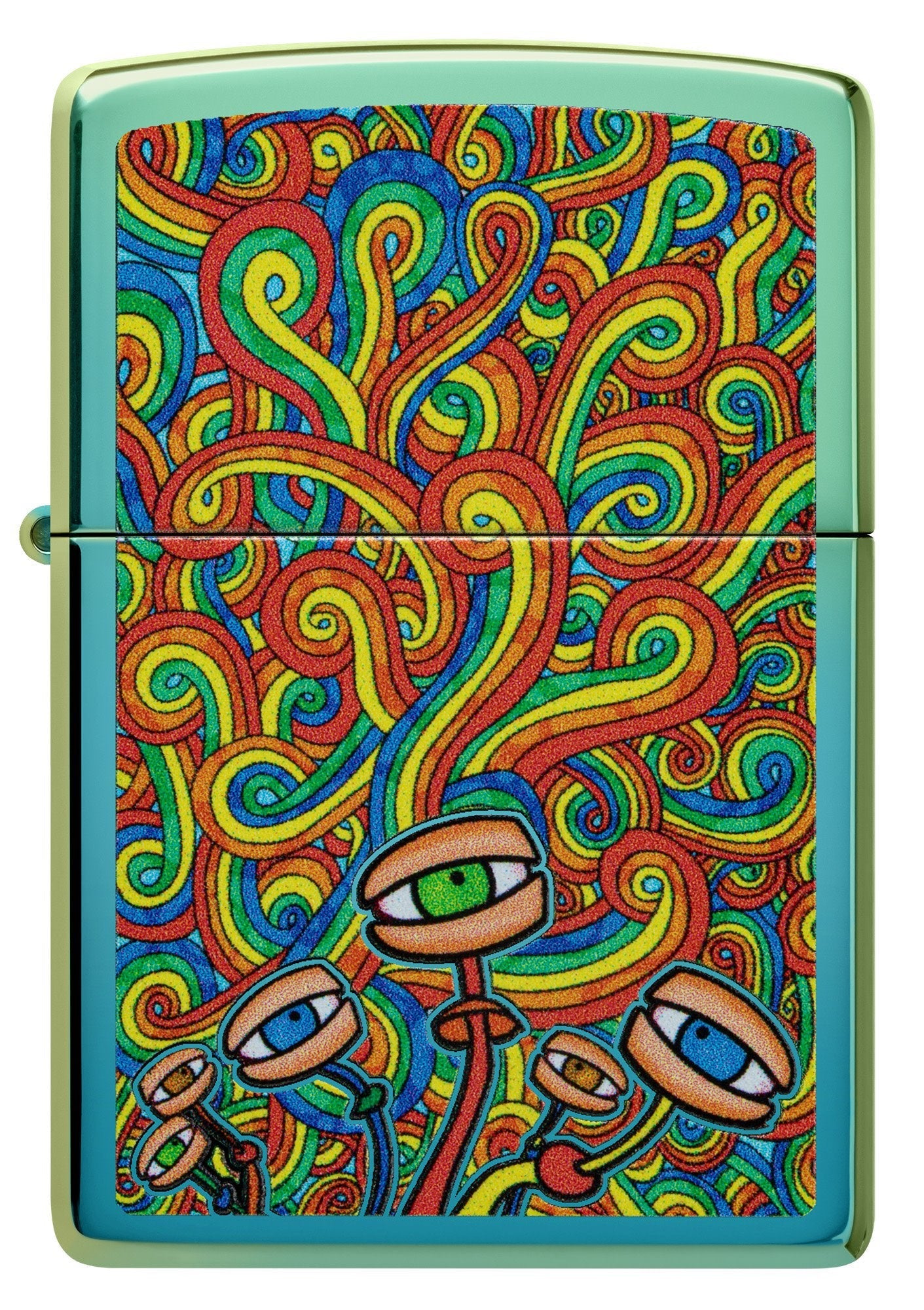 Front view of Psychedelic Imagery Design High Polish Teal Windproof Lighter.