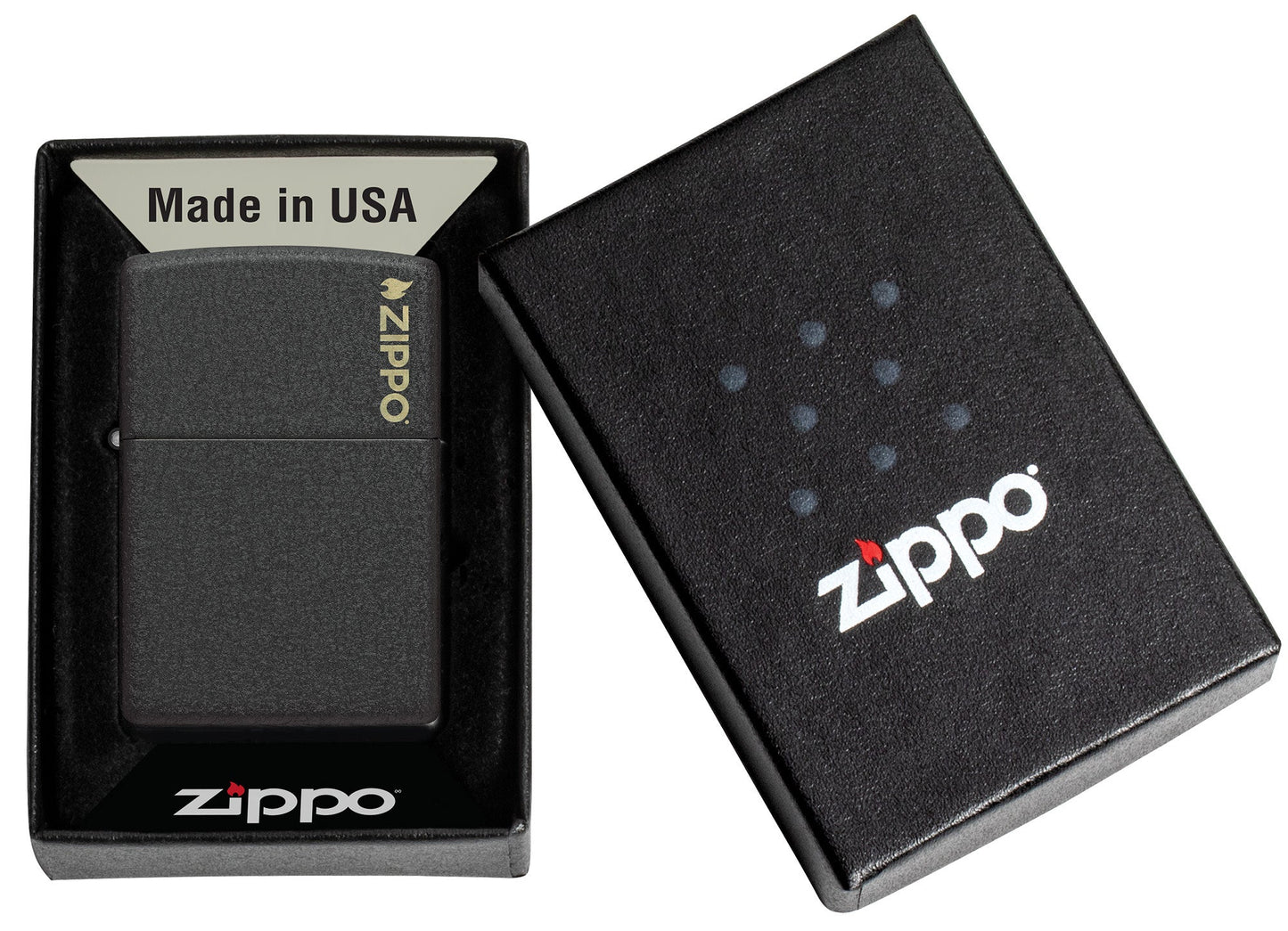 Zippo Classic Black CrackleÂ® Zippo Logo Windproof Lighter in its packaging.