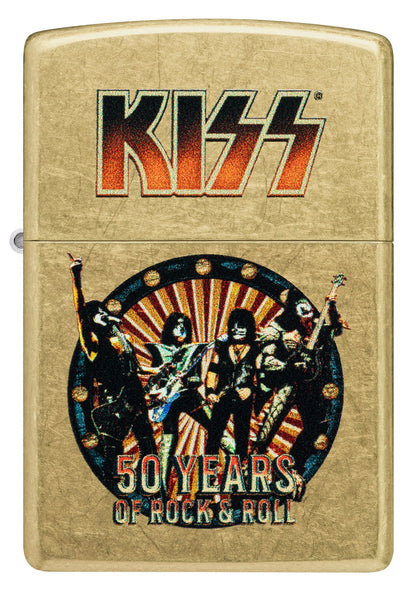 Front view of Zippo KISS® 50 Years Design Street Brass Windproof Lighter.