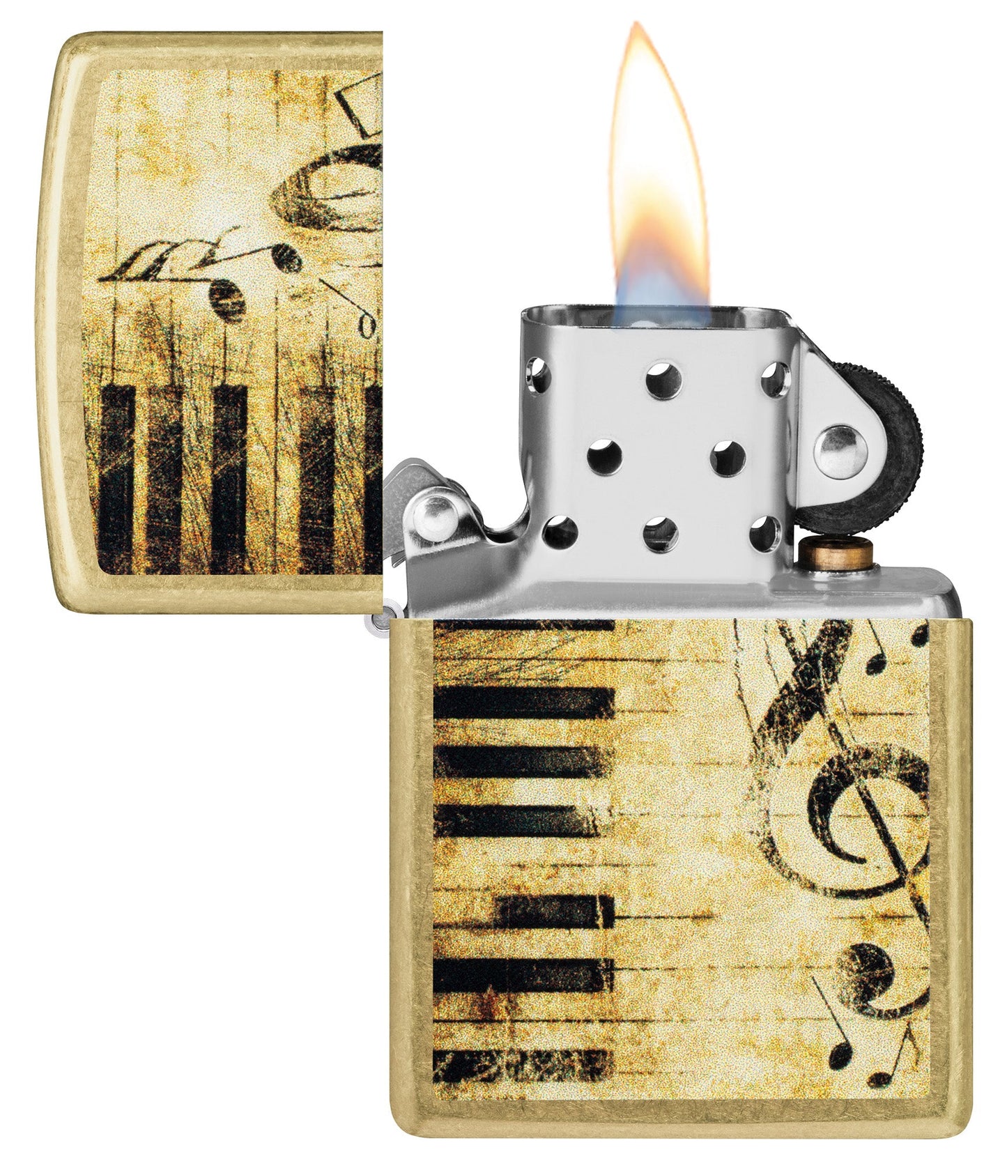Zippo Nothing but Treble Design Street Brass Windproof Lighter with its lid open and lit.