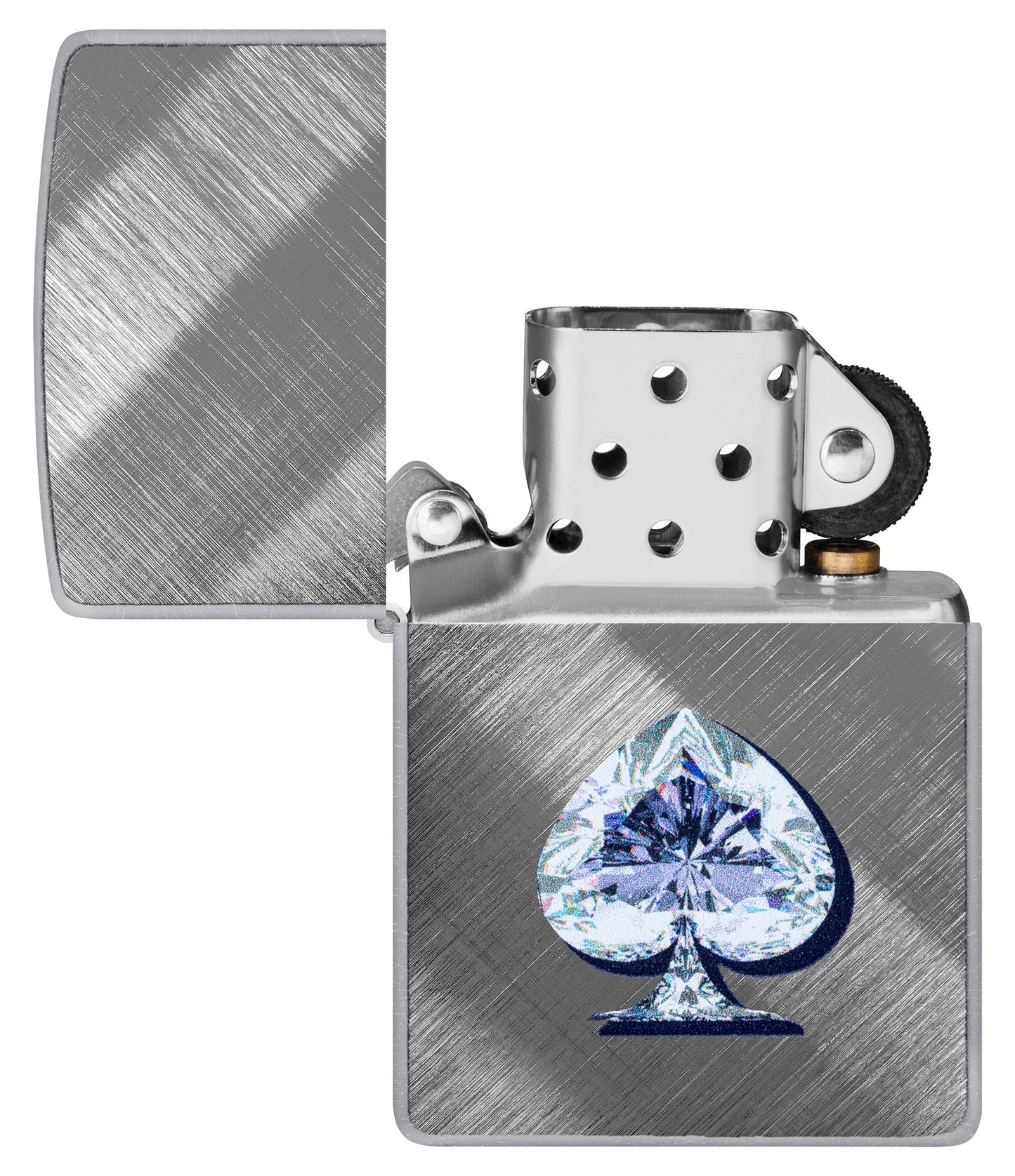 Zippo Gleaming Spade Design Diagonal Weave Windproof Lighter with its lid open and unlit.