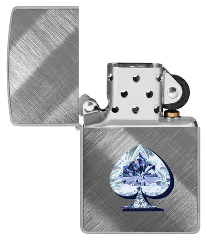 Zippo Gleaming Spade Design Diagonal Weave Windproof Lighter with its lid open and unlit.