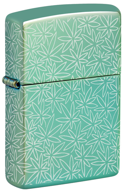 Front shot of Zippo Atomic Cannabis Design High Polish Green Windproof Lighter standing at a 3/4 angle.