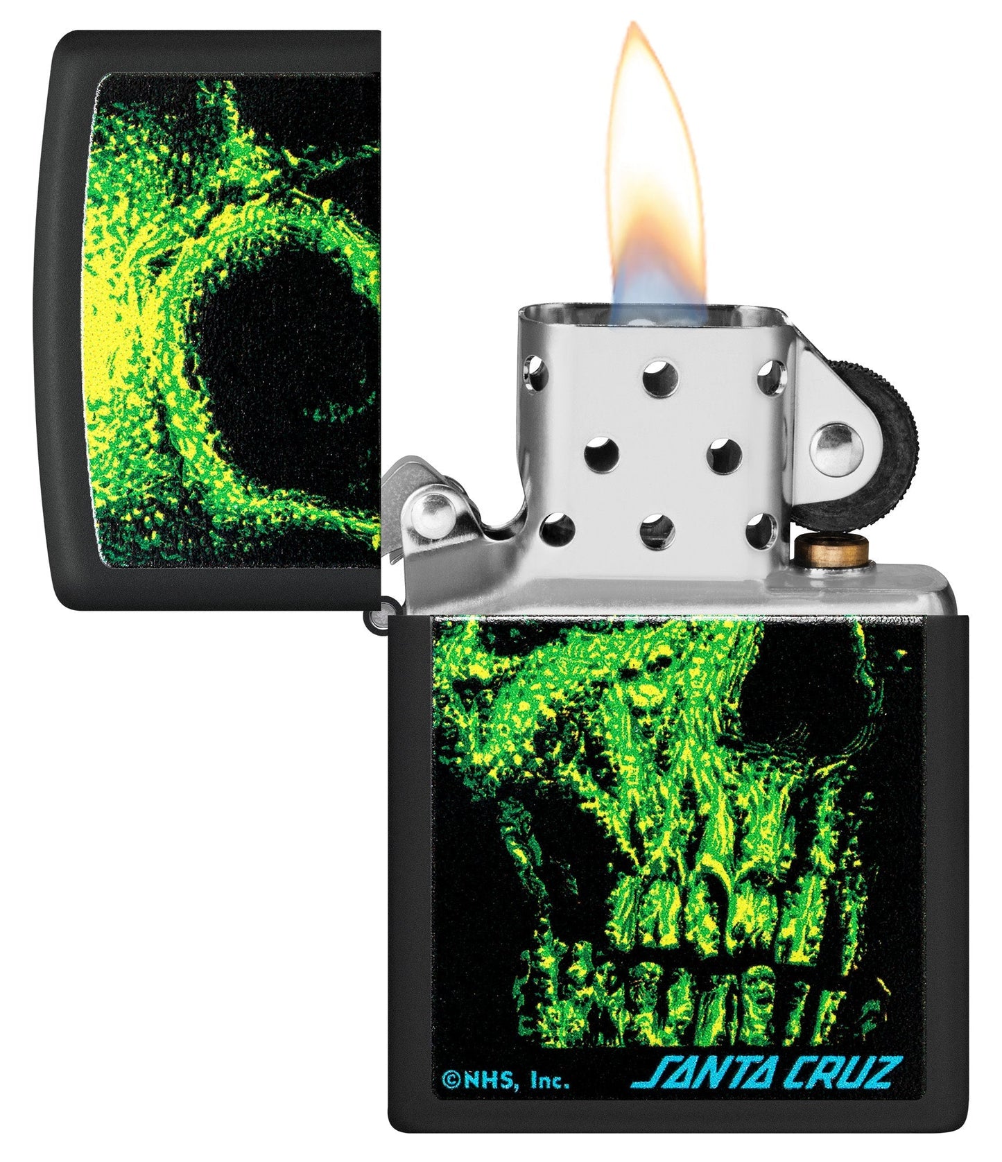 Zippo Santa Cruz Skull Design Black Matte Windproof Lighter with its lid open and lit.