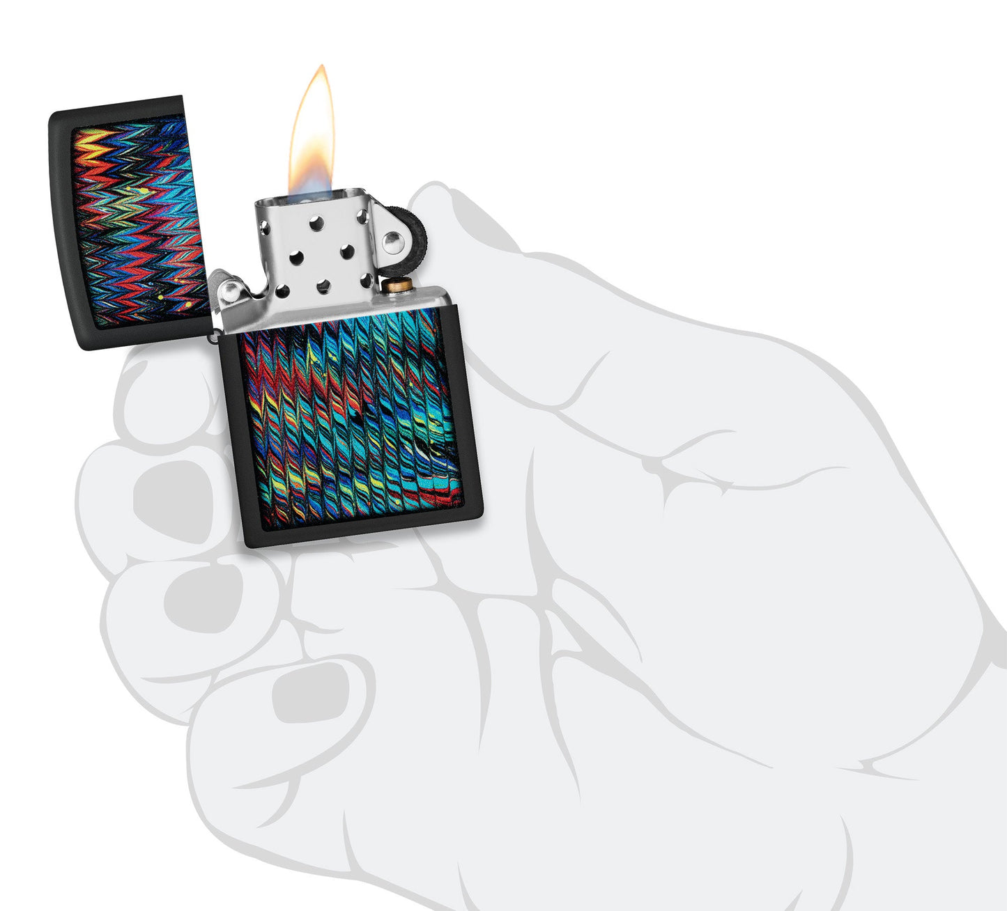 Zippo Paint Pour Design Black Matte Windproof Lighter lit in hand.